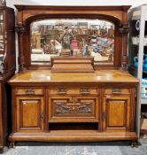 Late Victorian burr oak and oak mirror back sideboard, the back supported by carved corinthian