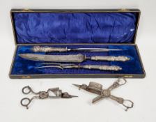 Edward VII cased three-piece carving set with silver handles, Sheffield 1906, John Biggin, the
