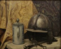 Late 19th/early20th century Oil on canvas Still life of dagger, lobster-tailed pot helmet and