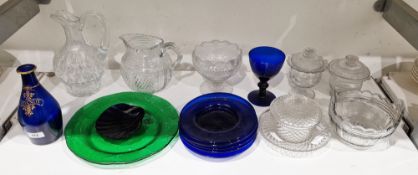 Collection of 19th century glass, including: a Regency blue and gilt glass brandy decanter, cut-