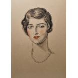 20th century school Pencil, charcoal and watercolour  Portrait of a young woman wearing pearls,