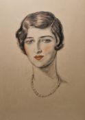 20th century school Pencil, charcoal and watercolour  Portrait of a young woman wearing pearls,