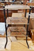 French three-tier etagere, each wooden veneered shelf with parquetry inlay and gilt metal mounts