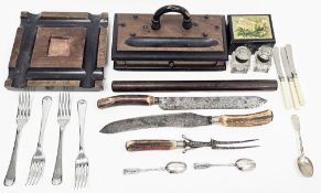 Mixed lot of collectable items including a pair of silver teaspoons, London 1899, 1.24ozt approx,