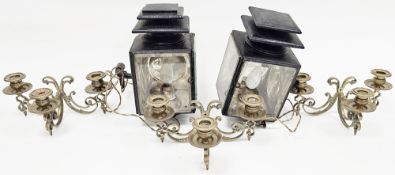Pair of antique black japanned metal carriage lamps with two bevelled glass panels converted to