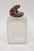 Cut glass decanter with silver and tortoiseshell cover, the hobnail cut glass body of square form,