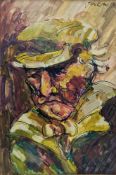 Jane Evans (New Zealand, 1946-2012) Oil and marker pen on board Potrait of man wearing hat, signed