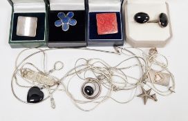 Collection of silver and white metal, including, three dress rings, a pair of onyx mounted cuff
