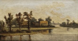 Ada Stone (1879-1904) Oil on canvas River scene with dwellings, signed lower left, 25.5cm x 46.5cm