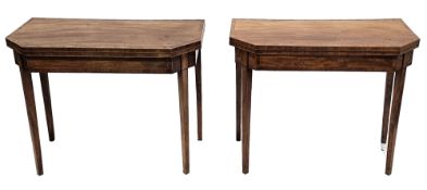 Pair of George III mahogany satinwood string inlaid and crossbanded card tables, the hinged
