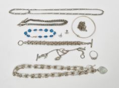 Collection of white metal and silver jewellery including a three-bar linked bracelet, a curb