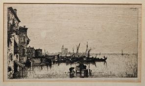 Adolphe Appian (1818-1898) Etching Port scene with figure and moored boats, signed and dated 1876