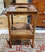 Victorian-style washstand, the square top with three bowl recesses flanked either side by towel