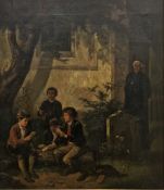 19th century School Oil on canvas After John George Brown, with a priest watching boys playing cards