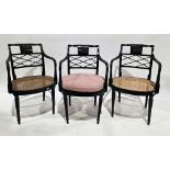 Set of ten Regency-style ebonised dining elbow chairs, the back panels engraved with the Hicks-Beach