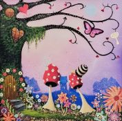 Matthew James and Alison Miller Mixed media  Mystical World, mushrooms, flowers and cottage in a