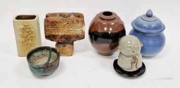 Alan Wallwork studio pottery totem-shaped vase with impressed decoration, incised W mark to base (