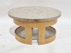 Contemporary oval coffee table comprising a marble top, on a compressed plywood base with glass