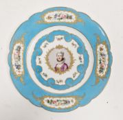 Sevres-style turquoise ground plate, late 19th century, spurious printed Sevres marks S.37 and