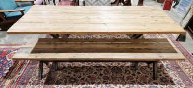 Pine plank top dining table on two metal x-frame supports, 78cm high x 209cm long x 89cm wide