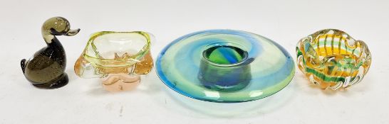 Whitefriars glass 'Dilly Duck' in green colourway with controlled bubbles, 13cm high, a glass bowl