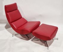 Contemporary Danish Kebe style red leather upholstered easy chair and matching footstool, both on
