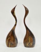 Peter Vernon (contemporary), pair of English yew and brass inlaid sculptures of Egrets, with C.O.