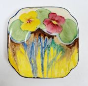 Clarice Cliff Royal Staffordshire Wilkinson Pansy pattern shaped square dish, printed black and blue