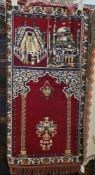 Eastern red ground prayer rug with three panels, the larger panel with pillar and hanging basket