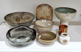 Collection of studio pottery including a stoneware footed bowl in speckled cream and brown glazes,