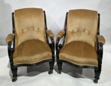 Pair of 19th century mahogany-framed armchairs, the backs and arms of scrolling form, upholstered in