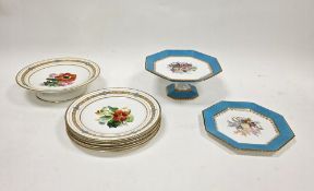 English porcelain botanical dessert service with gilt borders comprising a comport and four