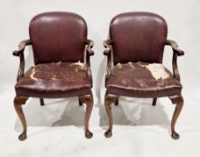 Pair of early 20th century mahogany framed library elbow chairs, the backs and seats upholstered