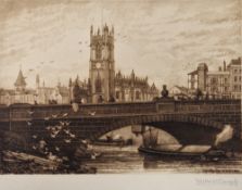 Walter William Burgess (1856-1908) Drypoint etching 'Manchester', canal scene with bridge and view