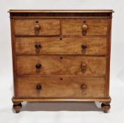 19th century mahogany chest, the rectangular top with rounded front corners over two short and three
