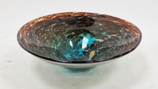 Mdina glass bowl with mottled blue, yellow and brown swirl colourway, signed to base, diameter 25cm