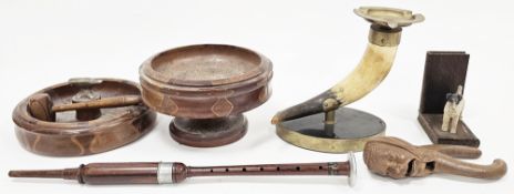 Mixed lot of wooden items including a specimen wood fruit bowl and nutcracker bowl with hammer, a