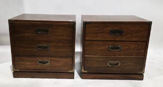 Pair of mid-century mahogany campaign-style chests of three short drawers by Drexel, brass-mounted