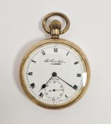 Late 19th/early 20th century gold-plated open faced pocket watch with top crown winding, the white