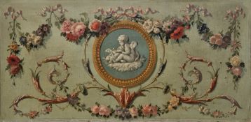 19th century school Oil on canvas Frieze panel with cherub in roundel, unsigned, unframed, 42cm x