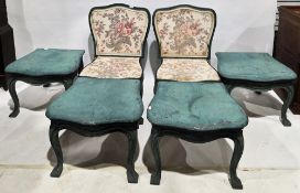 Set of six Louis XV-style metamorphic chairs, the blue painted frames with floral fabric back panels