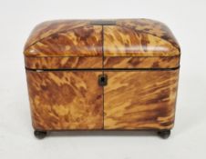 Georgian tortoiseshell and white metal inlaid tea caddy of rectangular form, the domed lid opening