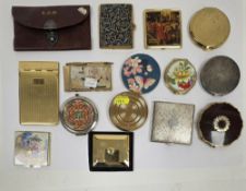 Collection of 13 mid-century compacts together with two metal notepad holders and a leather cased