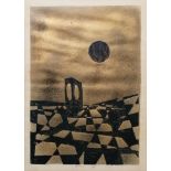 Stencilled abstract landscape on gold background, indistinctly signed and dated '74 within margin,