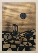 Stencilled abstract landscape on gold background, indistinctly signed and dated '74 within margin,