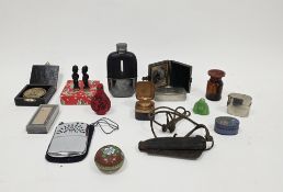 Mixed lot of collectable items including hip flask, lighters, travelling inkwell, folding pocket