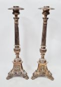 Pair of late 19th century Continental silver-plated altar candlesticks, probably Spanish, of
