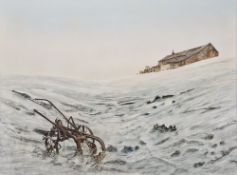 Heywood (20th century) Oil on canvas Large snowy rural landscape with old plough in foregound and