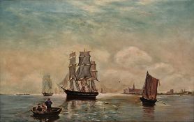 Late 19th/early 20th century Oil on canvas Maritime scene with tall masted ships and fishing
