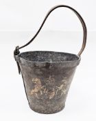 19th century leather fire bucket with studded copper rim and leather handle, decorated with the